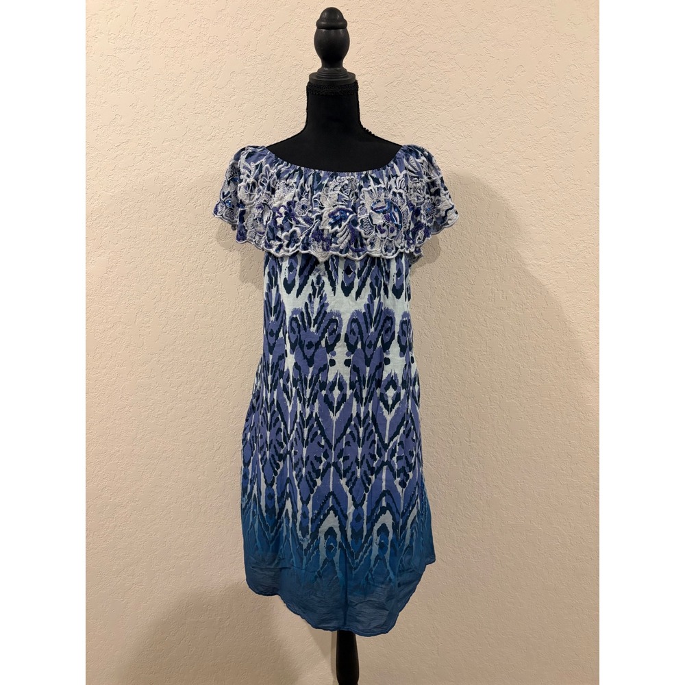Soft Surroundings Blue Ikat Ombre Off Shoulder Sequin Lace Ruffle Dress Petite L